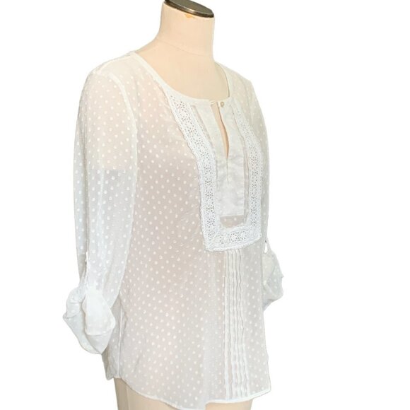 Daniel Rainn White Swiss Dot Embroidered Lace Roll Tab Blouse L #99A - Picture 2 of 5